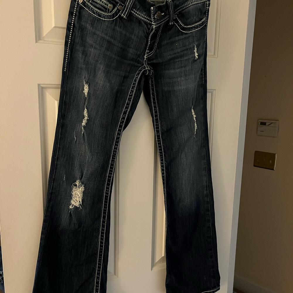 Buckle-Down Dark Wash Distressed Wide Leg Jeans